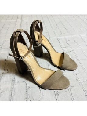 Schutz Enida Block Heel Ankle Strap Shoes Taupe Lightwood Suede Size 8.5B